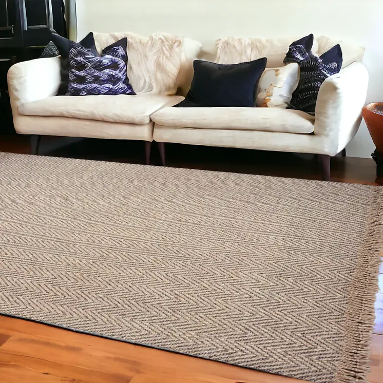9' X 12' Beige And Gray Wool Hand Woven Area Rug With Fringe