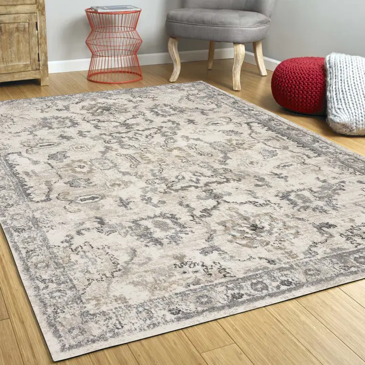 9' X 13' Ivory And Gray Floral Distressed Area Rug