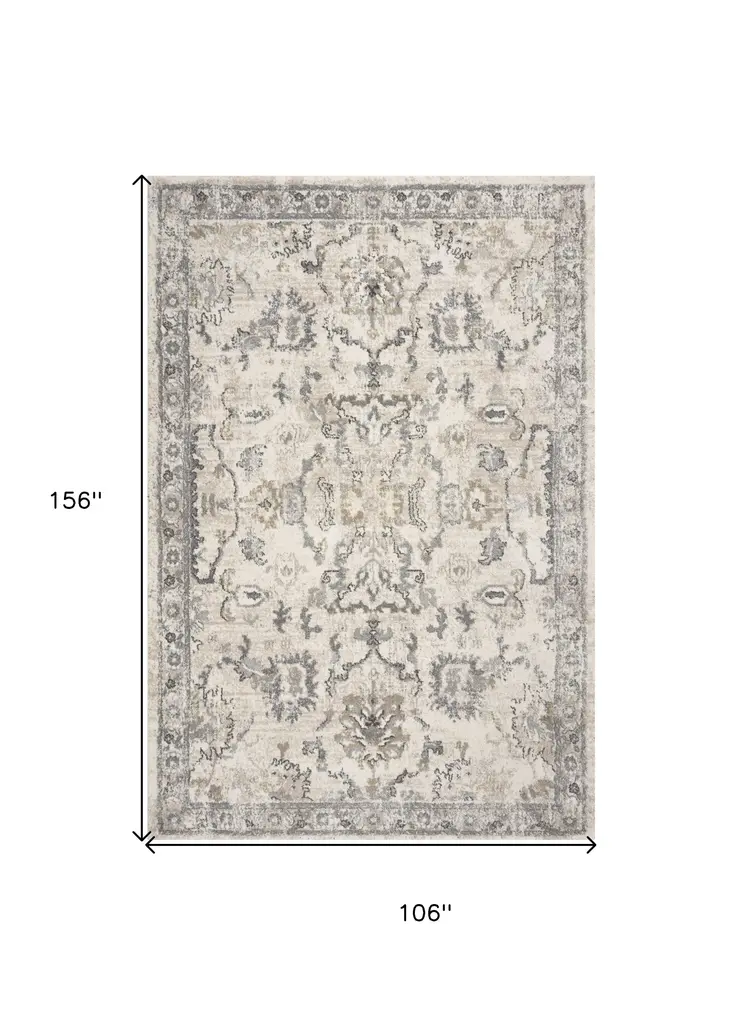 9' X 13' Ivory And Gray Floral Distressed Area Rug