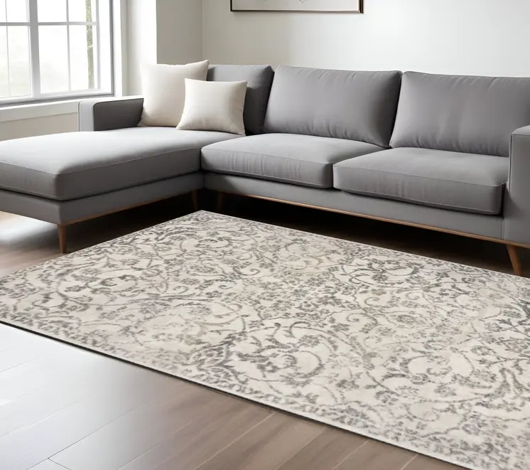 9' X 13' Ivory And Brown Floral Vines Distressed Area Rug