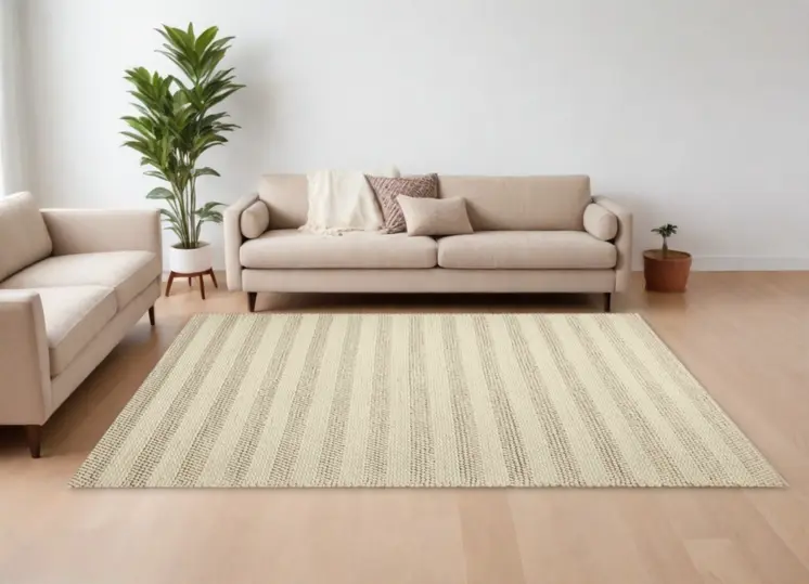8' X 10' White Ivory Hand Woven Knobby Cornish Stripe Indoor Area Rug