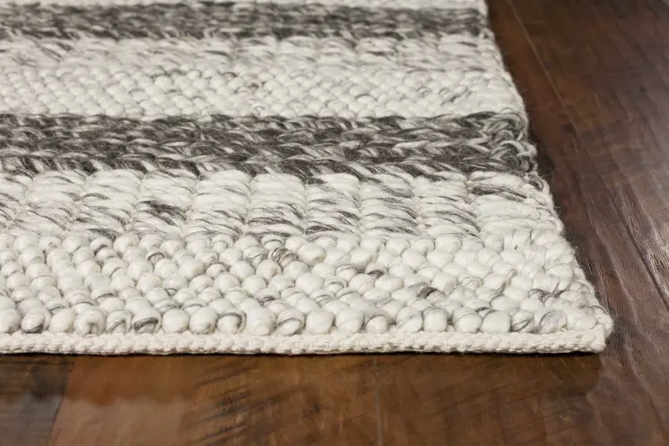 8' X 10' Gray And White New Zealand Lambs Wool Striped Hand Woven Area Rug