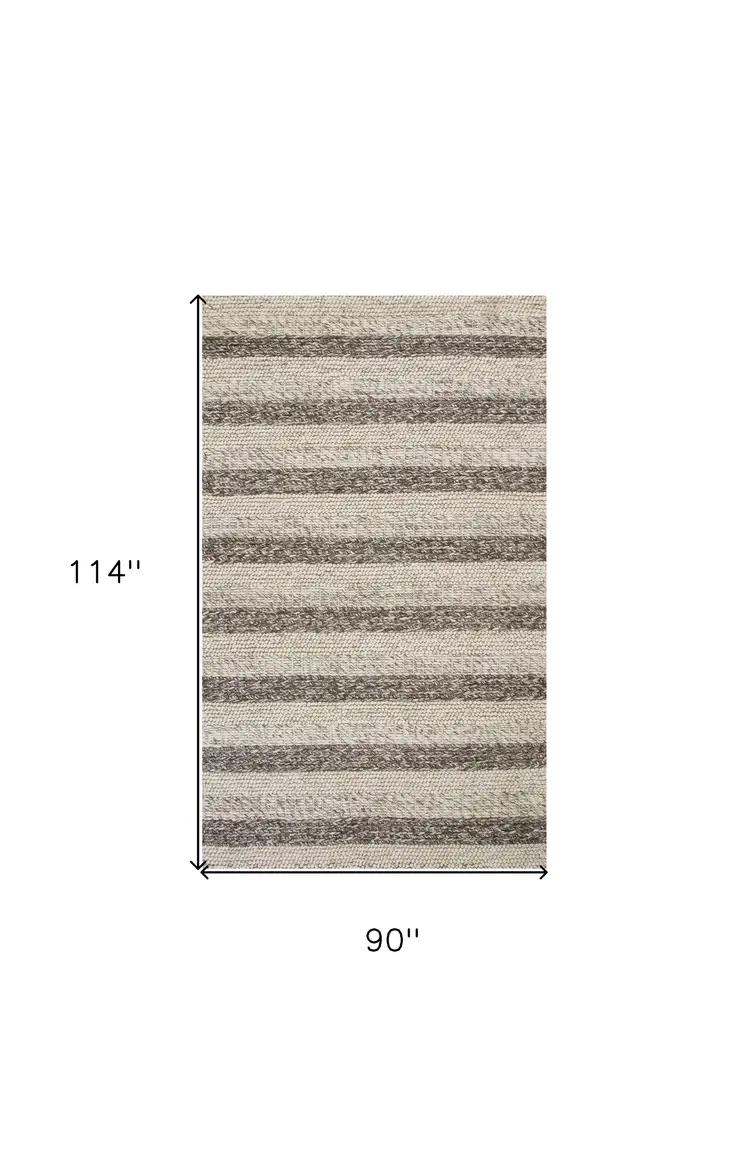 8' X 10' Gray And White New Zealand Lambs Wool Striped Hand Woven Area Rug