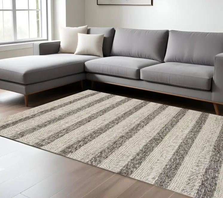 8' X 10' Gray And White New Zealand Lambs Wool Striped Hand Woven Area Rug