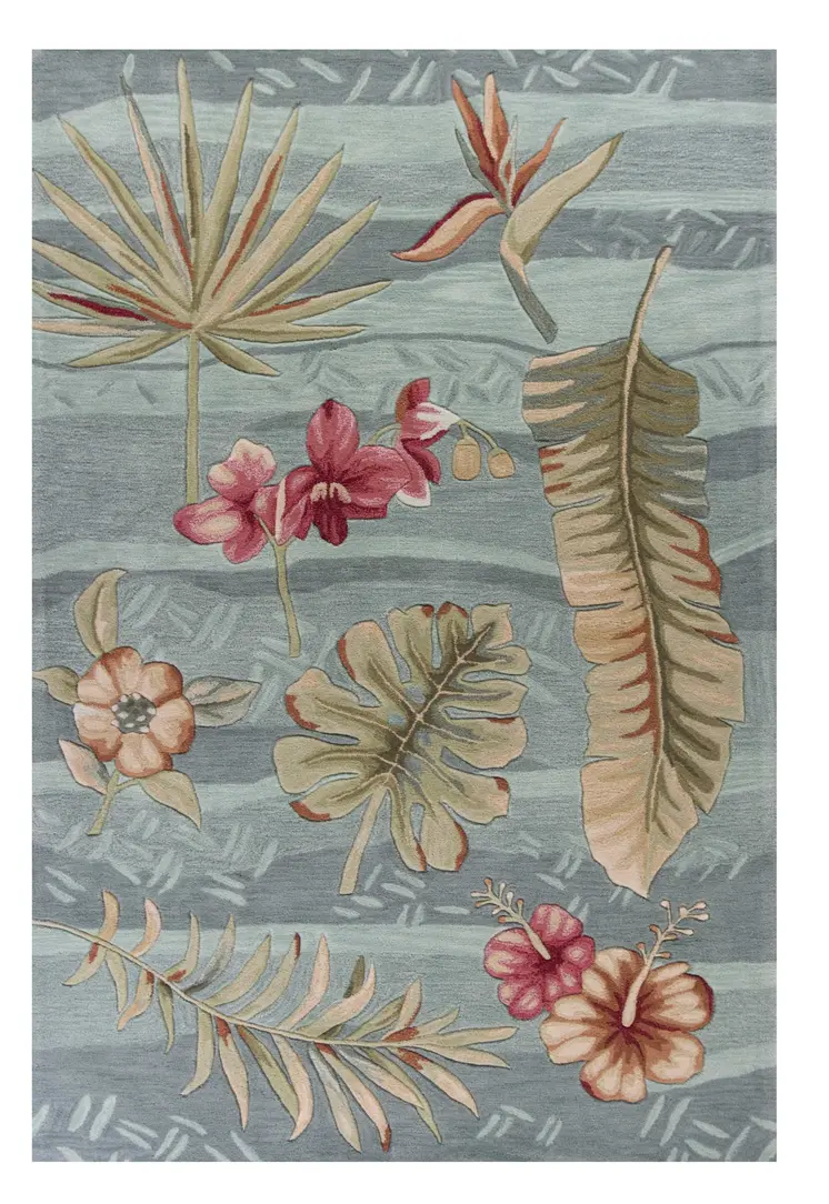 8' X 11' Gray Green And Red Tropical Botanical Hand Tufted Area Rug