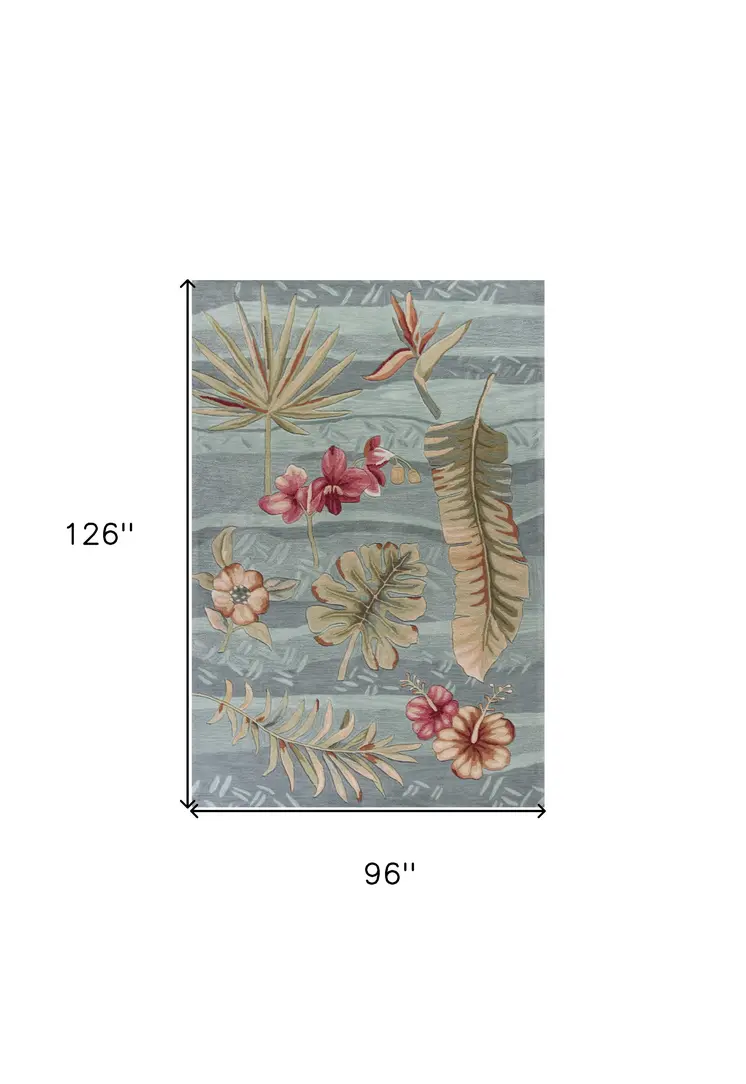 8' X 11' Gray Green And Red Tropical Botanical Hand Tufted Area Rug