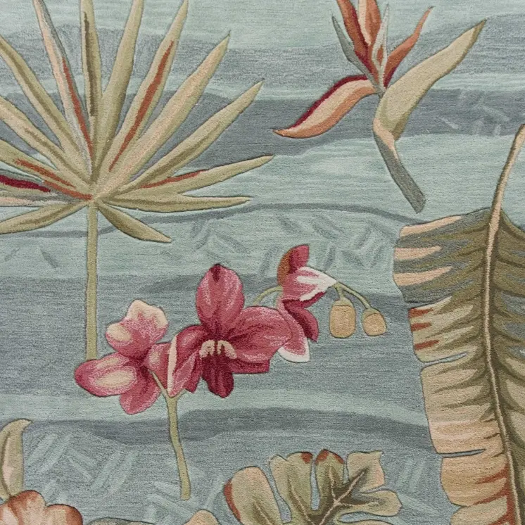 8' X 11' Gray Green And Red Tropical Botanical Hand Tufted Area Rug