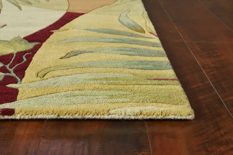 8' X 10' Coral Green And Yellow Wool Botanical Leaves Hand Tufted Area Rug