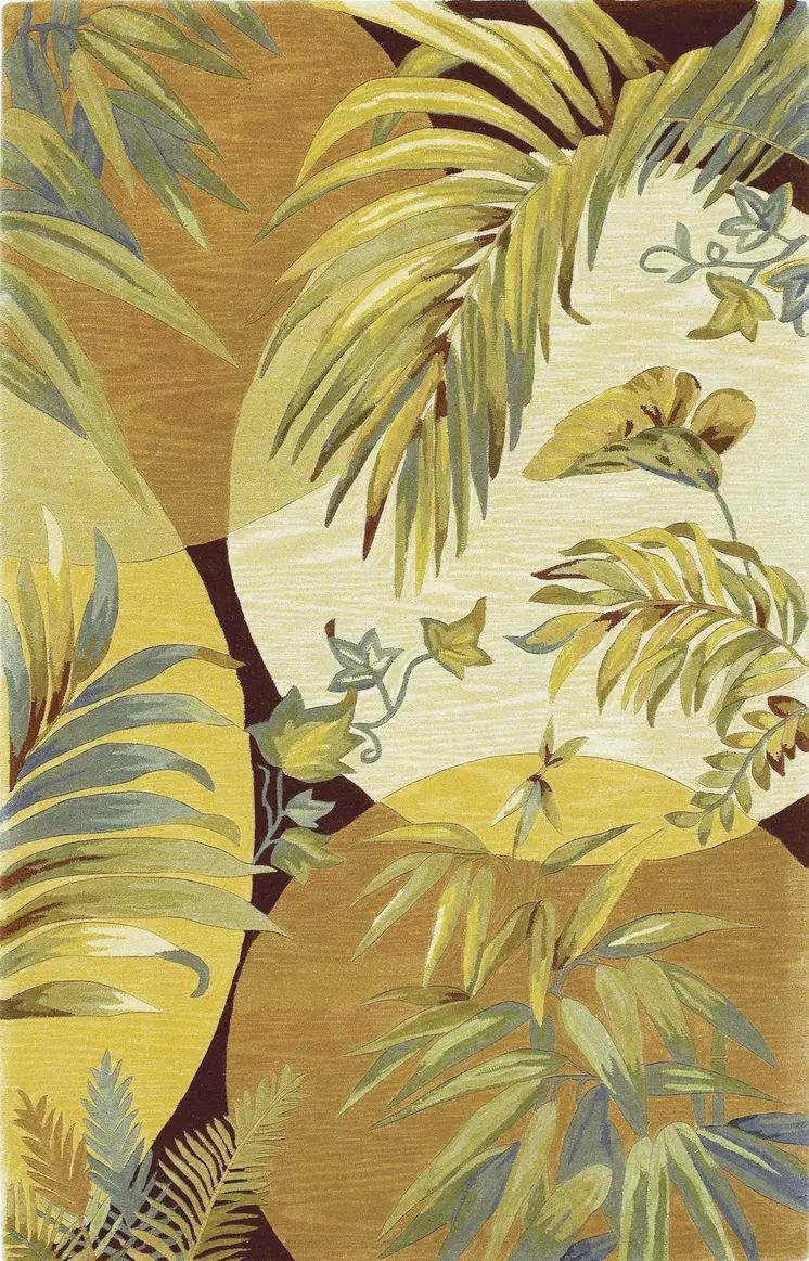 8' X 10' Coral Green And Yellow Wool Botanical Leaves Hand Tufted Area Rug