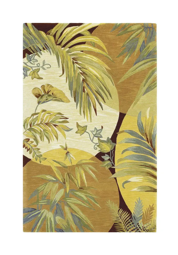 8' X 10' Coral Green And Yellow Wool Botanical Leaves Hand Tufted Area Rug