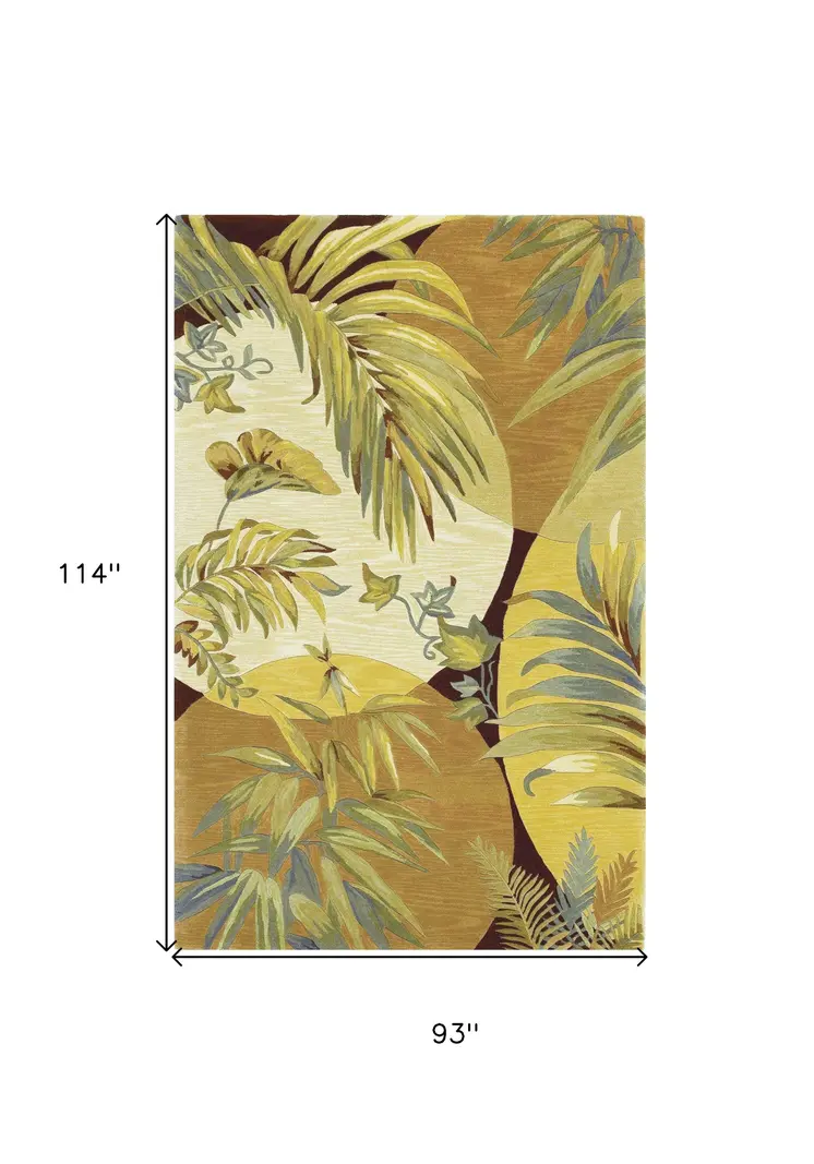 8' X 10' Coral Green And Yellow Wool Botanical Leaves Hand Tufted Area Rug