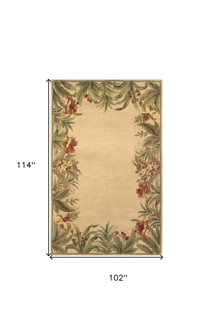8' X 10' Ivory Hand Tufted Bordered Tropical Plants Indoor Area Rug