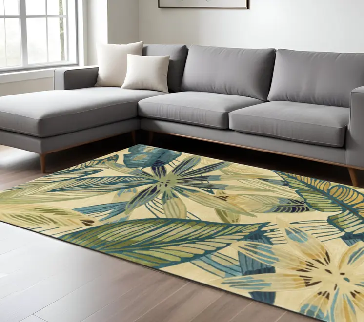 8' X 10' Ivory And Teal Wool Botanical Leaves Hand Tufted Area Rug