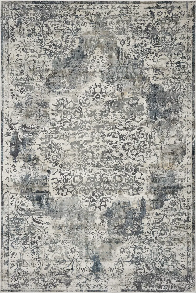 9' X 13' Ivory Machine Woven Distressed Diamond Floral Medallion Indoor Area Rug