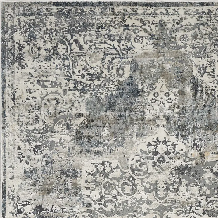 9' X 13' Ivory Machine Woven Distressed Diamond Floral Medallion Indoor Area Rug