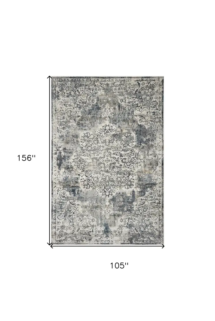 9' X 13' Ivory Machine Woven Distressed Diamond Floral Medallion Indoor Area Rug