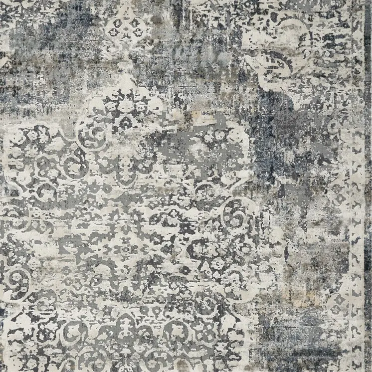 9' X 13' Ivory Machine Woven Distressed Diamond Floral Medallion Indoor Area Rug
