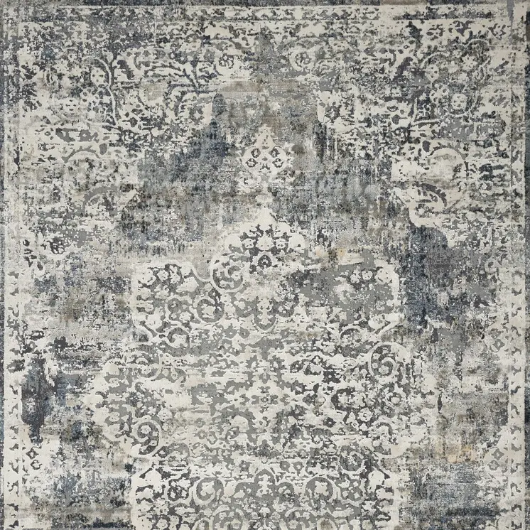 9' X 13' Ivory Machine Woven Distressed Diamond Floral Medallion Indoor Area Rug