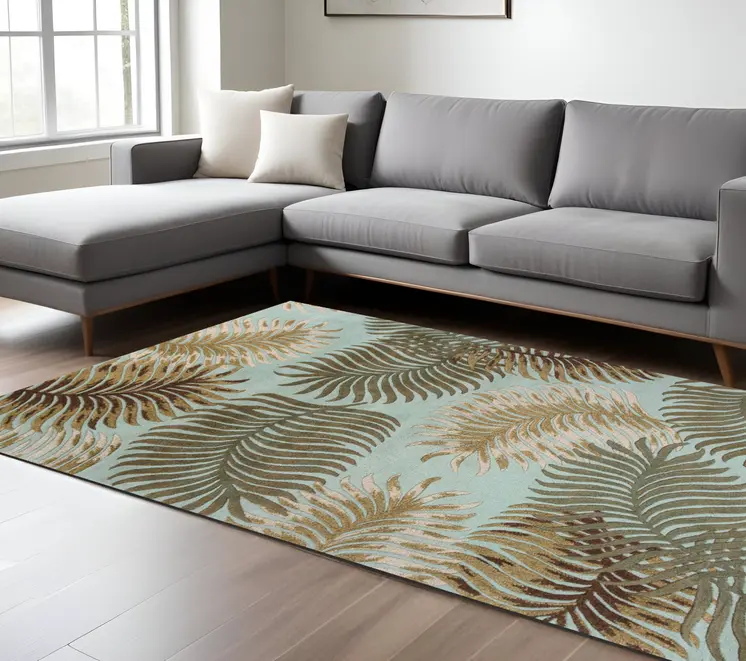 8' X 10' Aqua And Brown Wool Botanical Leaves Hand Tufted Area Rug