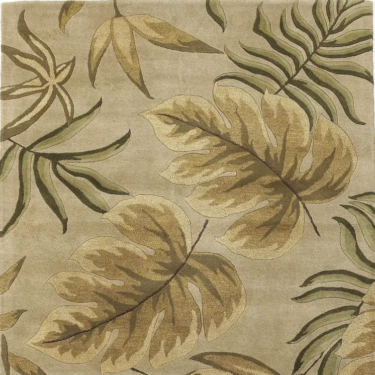 8' X 11' Sand Beige Hand Tufted Tropical Leaves Indoor Area Rug