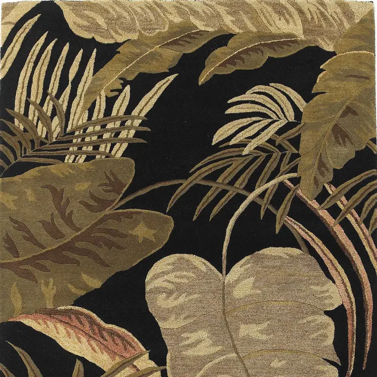 8' X 11' Black Beige And Green Wool Botanical Leaves Hand Tufted Area Rug