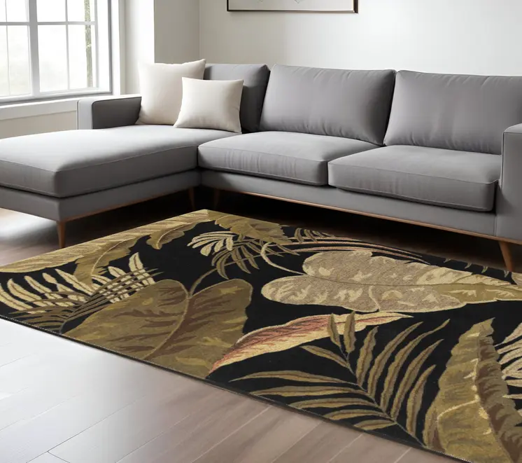 8' X 11' Black Beige And Green Wool Botanical Leaves Hand Tufted Area Rug