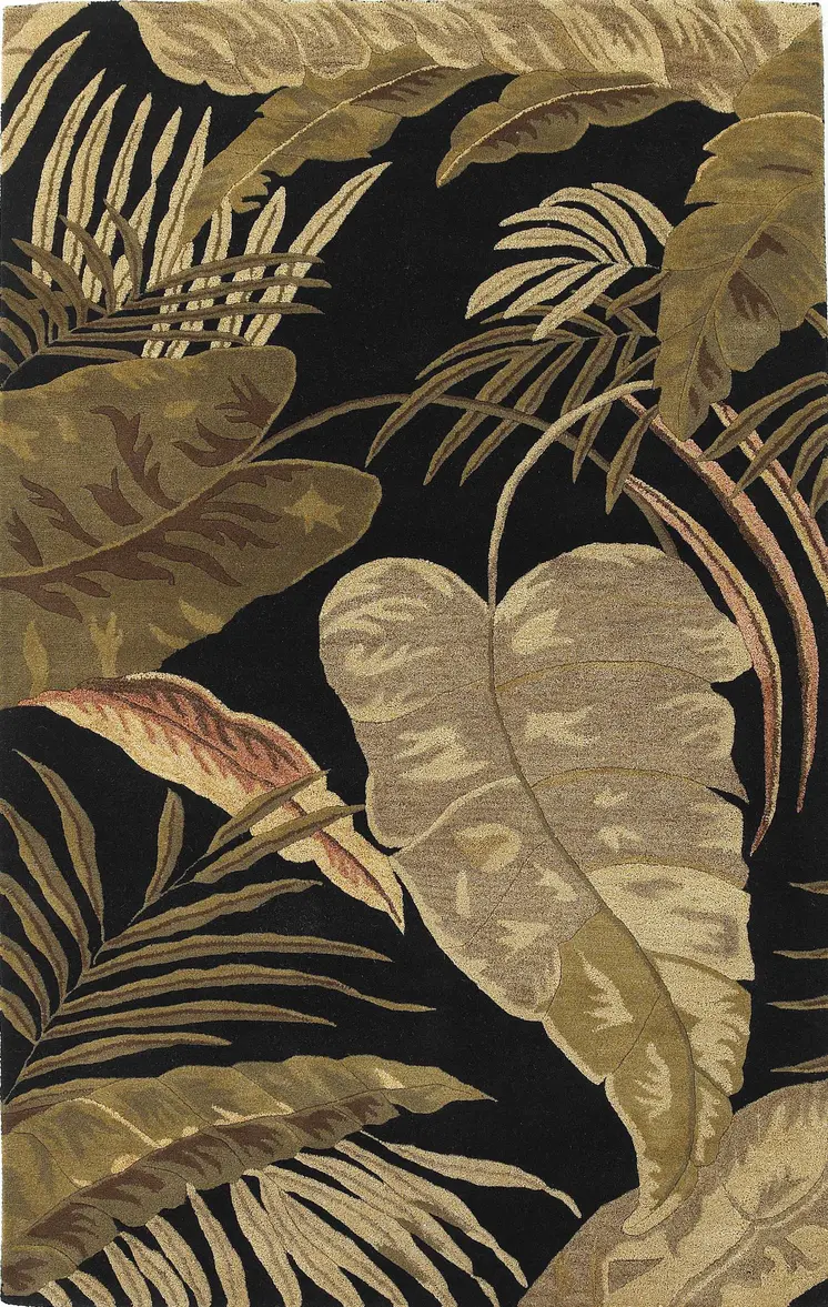 8' X 11' Black Beige And Green Wool Botanical Leaves Hand Tufted Area Rug