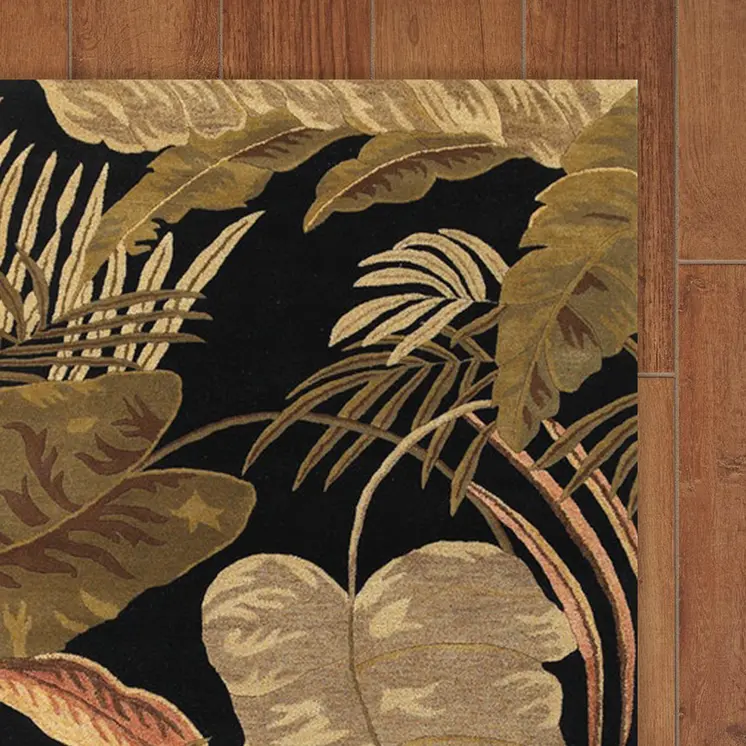 8' X 11' Black Beige And Green Wool Botanical Leaves Hand Tufted Area Rug