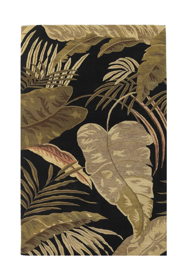 8' X 11' Black Beige And Green Wool Botanical Leaves Hand Tufted Area Rug
