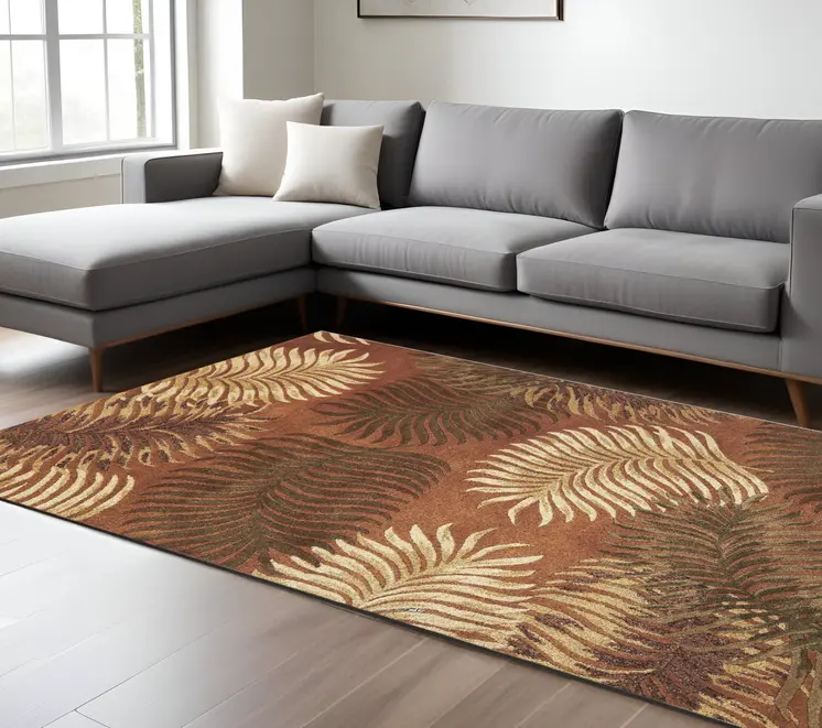 8' X 10' Rust Orange And Green Wool Botanical Leaves Hand Tufted Area Rug