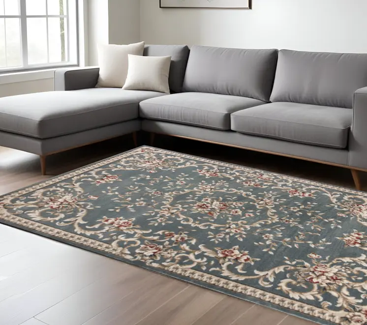 9' X 12' Slate Blue and Ivory Floral Area Rug