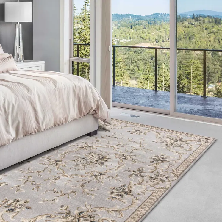 9' X 12' Light Gray And Taupe Floral Area Rug