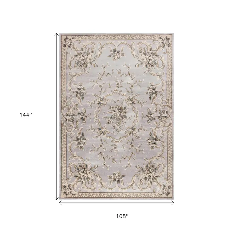 9' X 12' Light Gray And Taupe Floral Area Rug