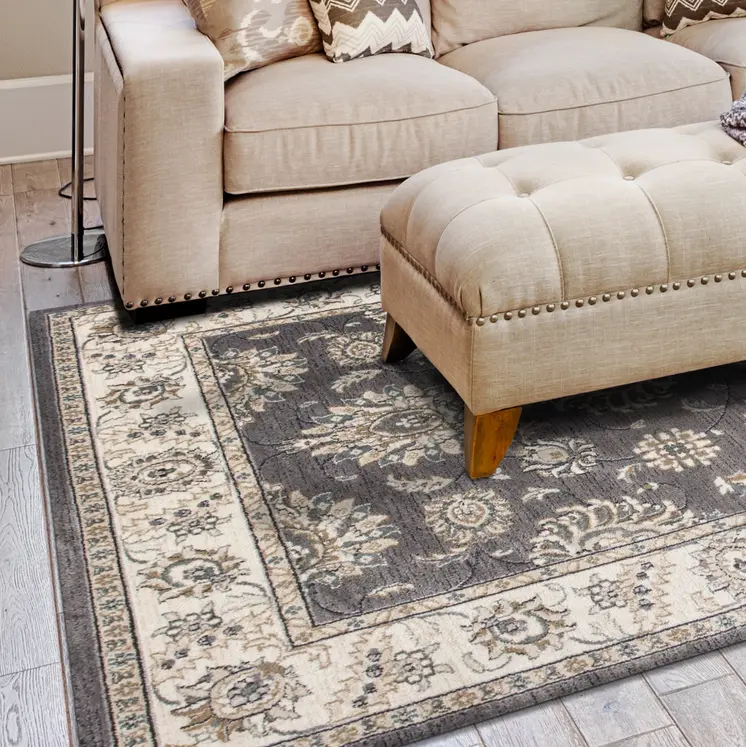 9' X 12' Grey Ivory Bordered Floral Indoor Area Rug