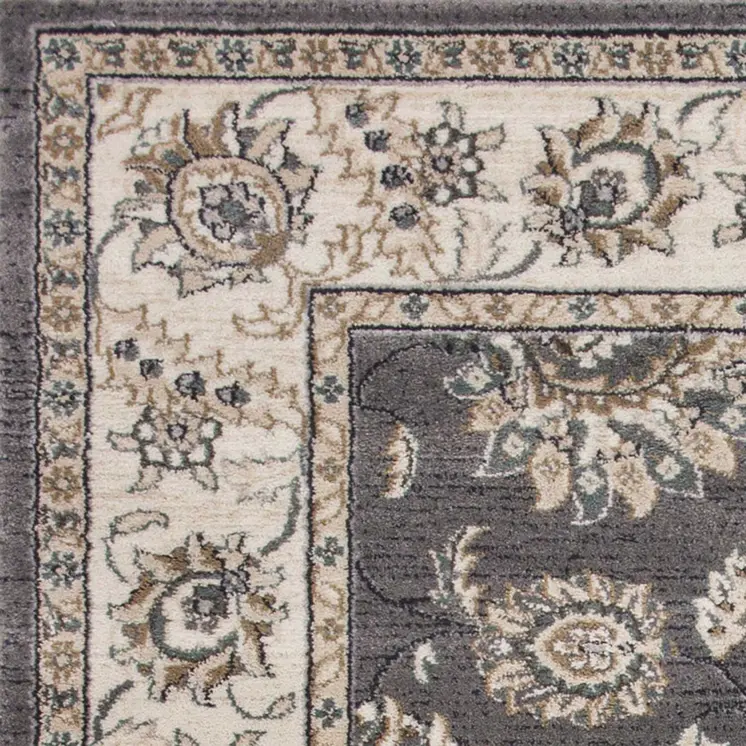 9' X 12' Grey Ivory Bordered Floral Indoor Area Rug