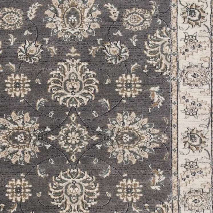 9' X 12' Grey Ivory Bordered Floral Indoor Area Rug