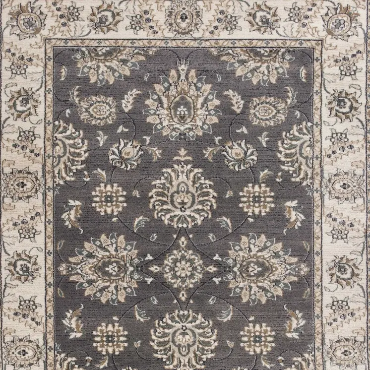 9' X 12' Grey Ivory Bordered Floral Indoor Area Rug