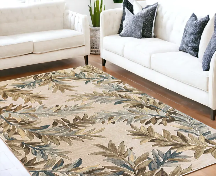 9' X 12' Ivory Hand Tufted Pinnate Fronds Indoor Area Rug
