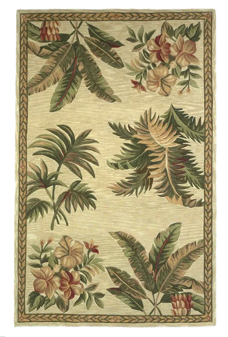 8' X 11'  Wool Ivory With Laurel Border Palm Tree Area Rug