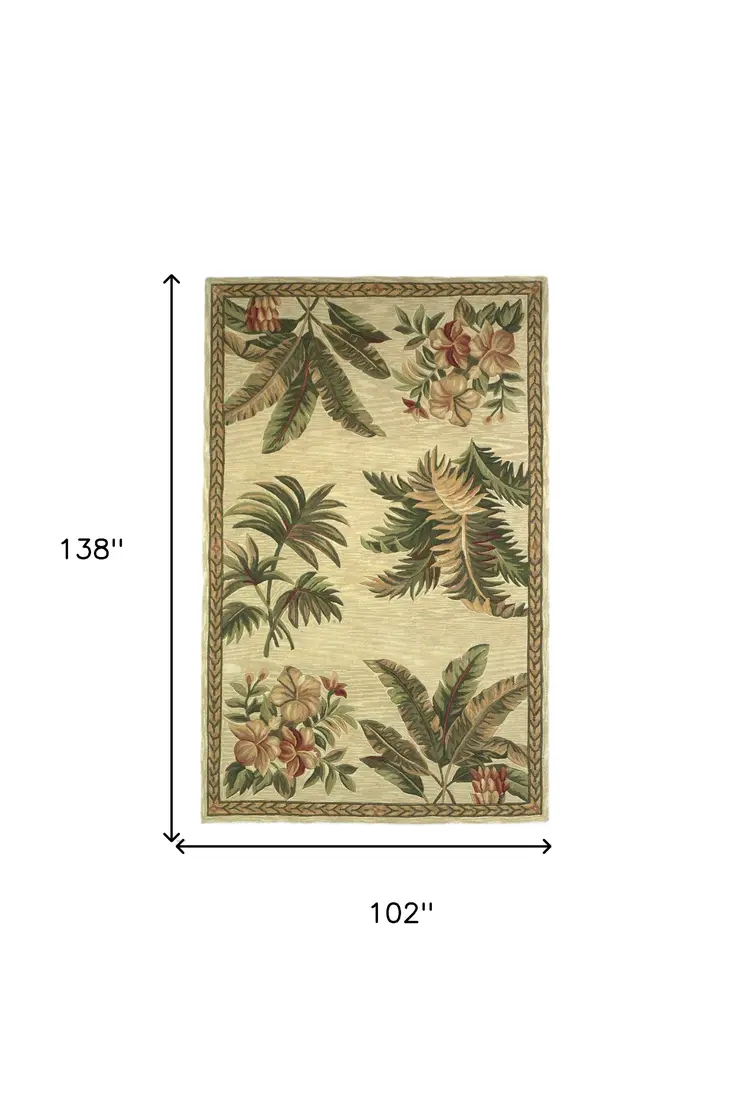 8' X 11'  Wool Ivory With Laurel Border Palm Tree Area Rug