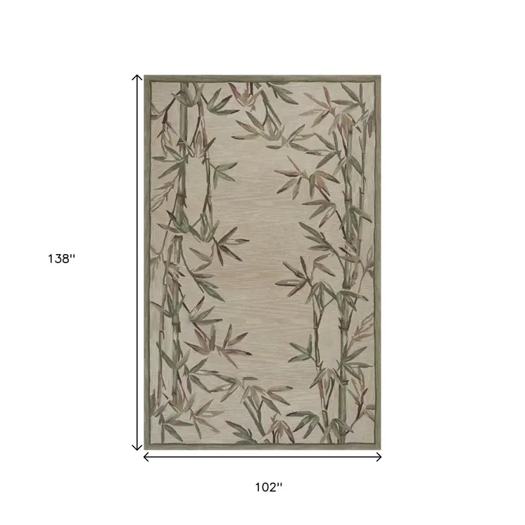 9' X 12' Ivory And Green Wool Tropical Botanical Hand Tufted Area Rug