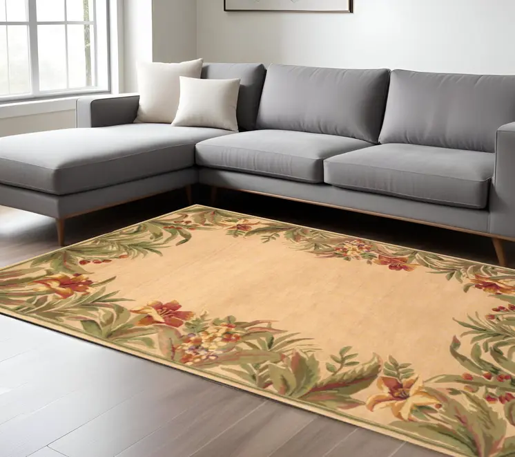 8' X 11'  Wool Ivory Tropical Greenery Area Rug