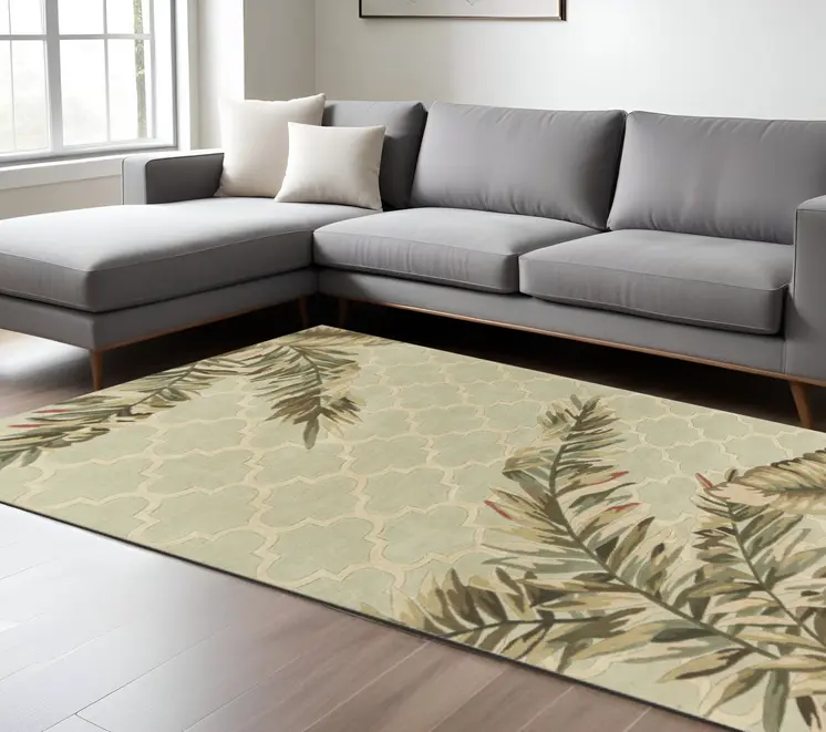 9' X 12' Green And Brown Wool Tropical Botanical Hand Tufted Area Rug