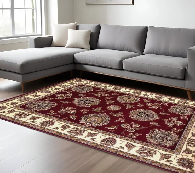 10' X 13' Red And Ivory Floral Area Rug