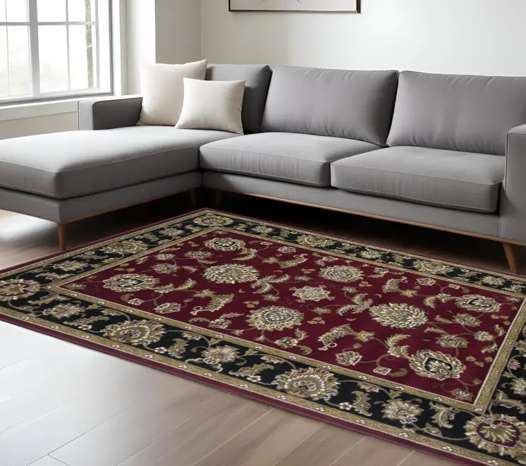 10' X 13' Red Black And Gold Floral Area Rug