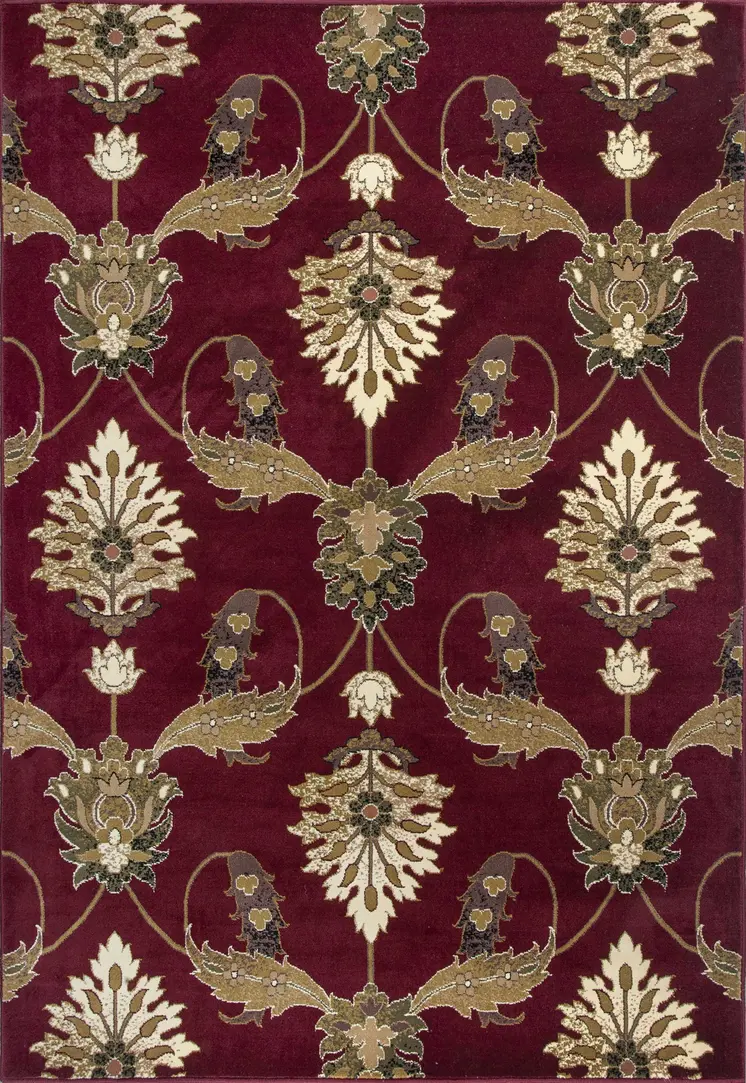9' X 13' Red Beige And Brown Floral Area Rug