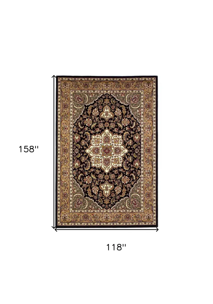 10' X 13' Black Beige Machine Woven Floral Medallion Indoor Area Rug