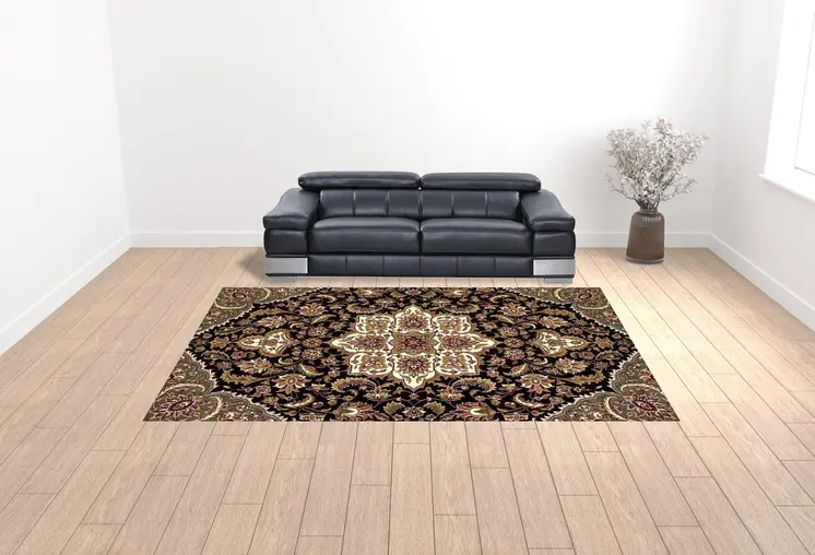 10' X 13' Black Beige Machine Woven Floral Medallion Indoor Area Rug