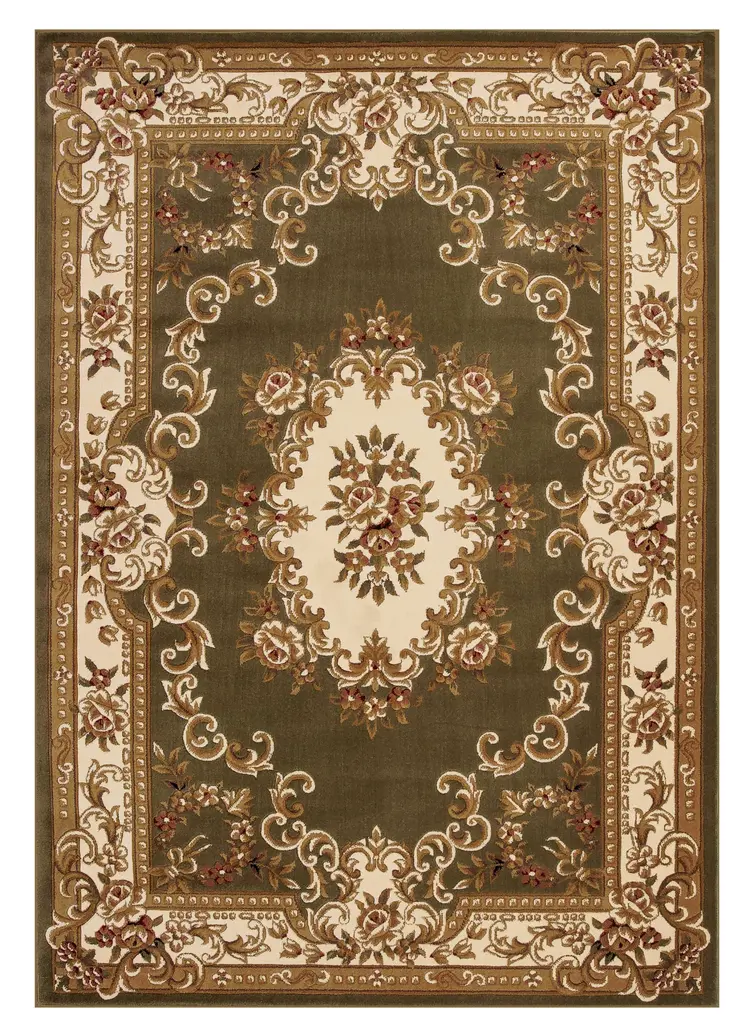 10' X 13' Green And Ivory Floral Medallion Area Rug