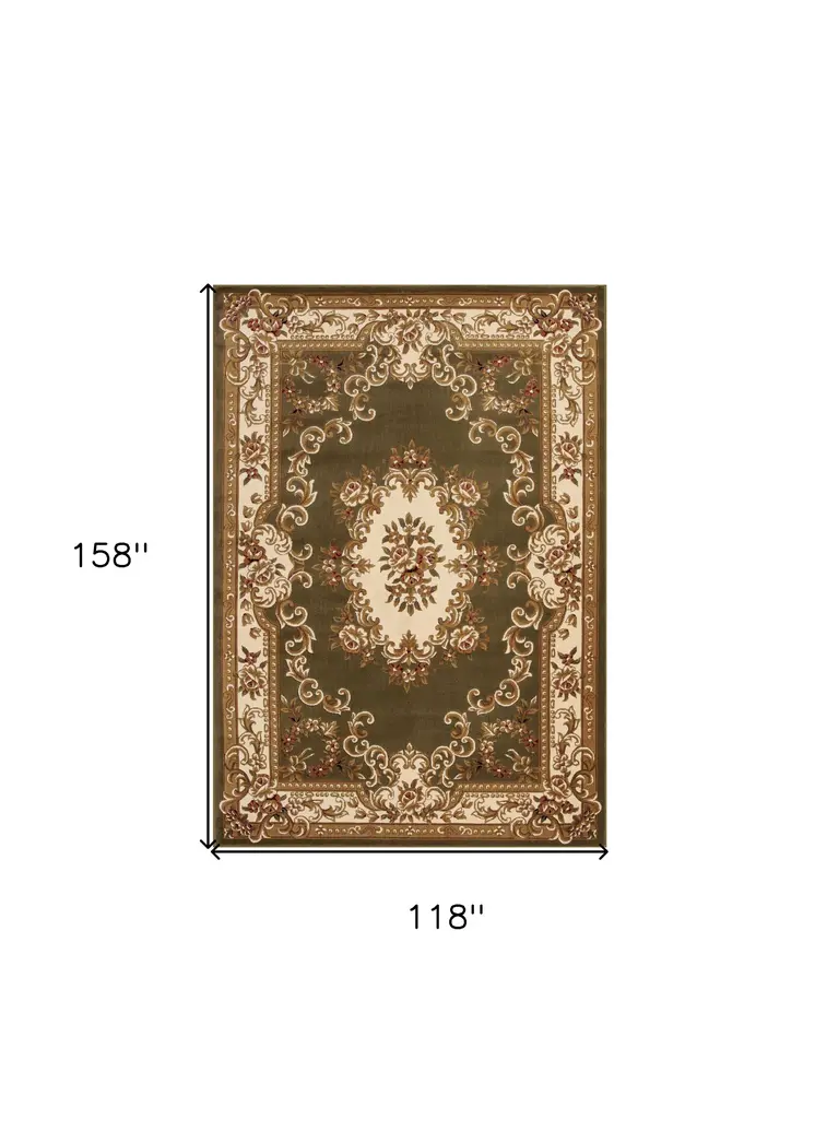 10' X 13' Green And Ivory Floral Medallion Area Rug